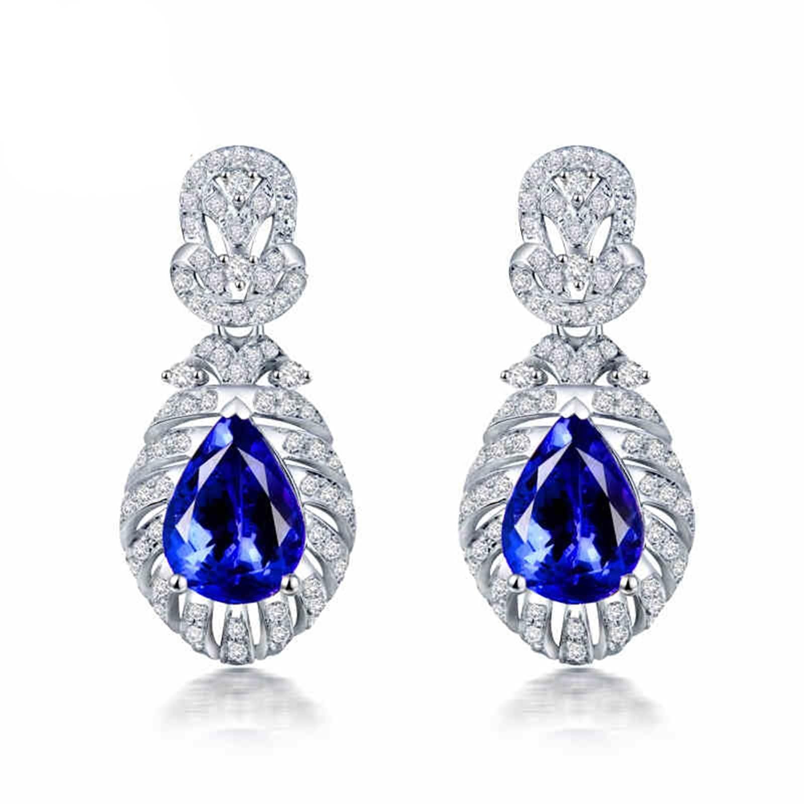 Weißgold Ohrringe Hochzeit 9K / 14K / 18 K Damen, Wassertropfen mit Tansanit 3 Karat und Diamant, Ohrringe Hängend Blau Silber Damen