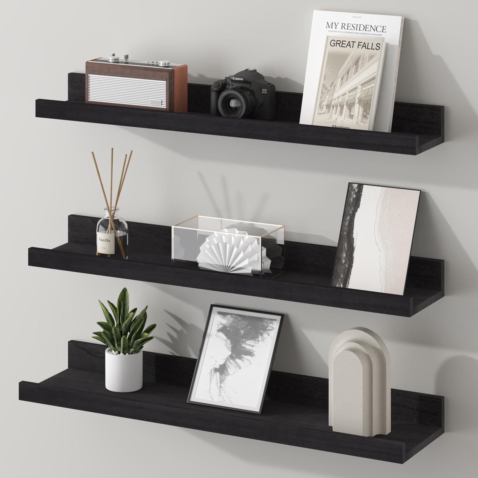 SAUMONIERES Picture Ledge Shelf Floating Book Shelves Wall Mounted Solid Wood for Bedroom Living Room Kitchen, Rustic Black, 24 Inch Set of 3