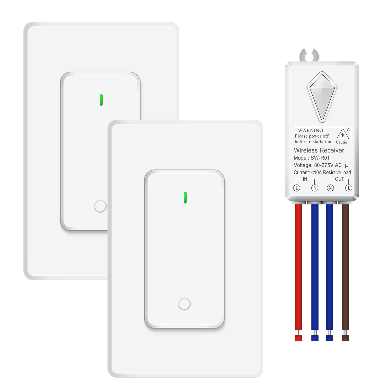 NineLeaf Wireless Light Switch and Receiver Kit,Remote Wall Switch No Wiring Needed,1300FT RF Range for 1000W LED Lights,Ceiling Lights,Fans,IP66 Waterproof for Bathroom,2 Switches — image 1