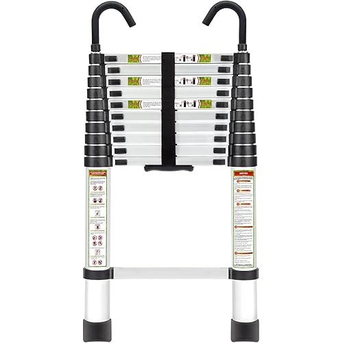 Telescopic Ladder, 10.5FT RIKADE Aluminum Telescoping Ladder with Non-Slip Feet and Stable Hook, Portable Extension Ladder for Household and Outdoor Working, 330lb Capacity