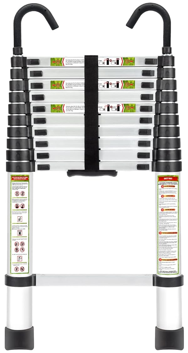 RIKADE Telescopic Ladder, 10.5 ft Aluminum Telescoping Ladder with Non-Slip Feet and Stable Hook, Portable Extension Ladder for Household and Outdoor Working, Max Load 330 lb, Aluminum by RIKADE - Used condition - US$99.68