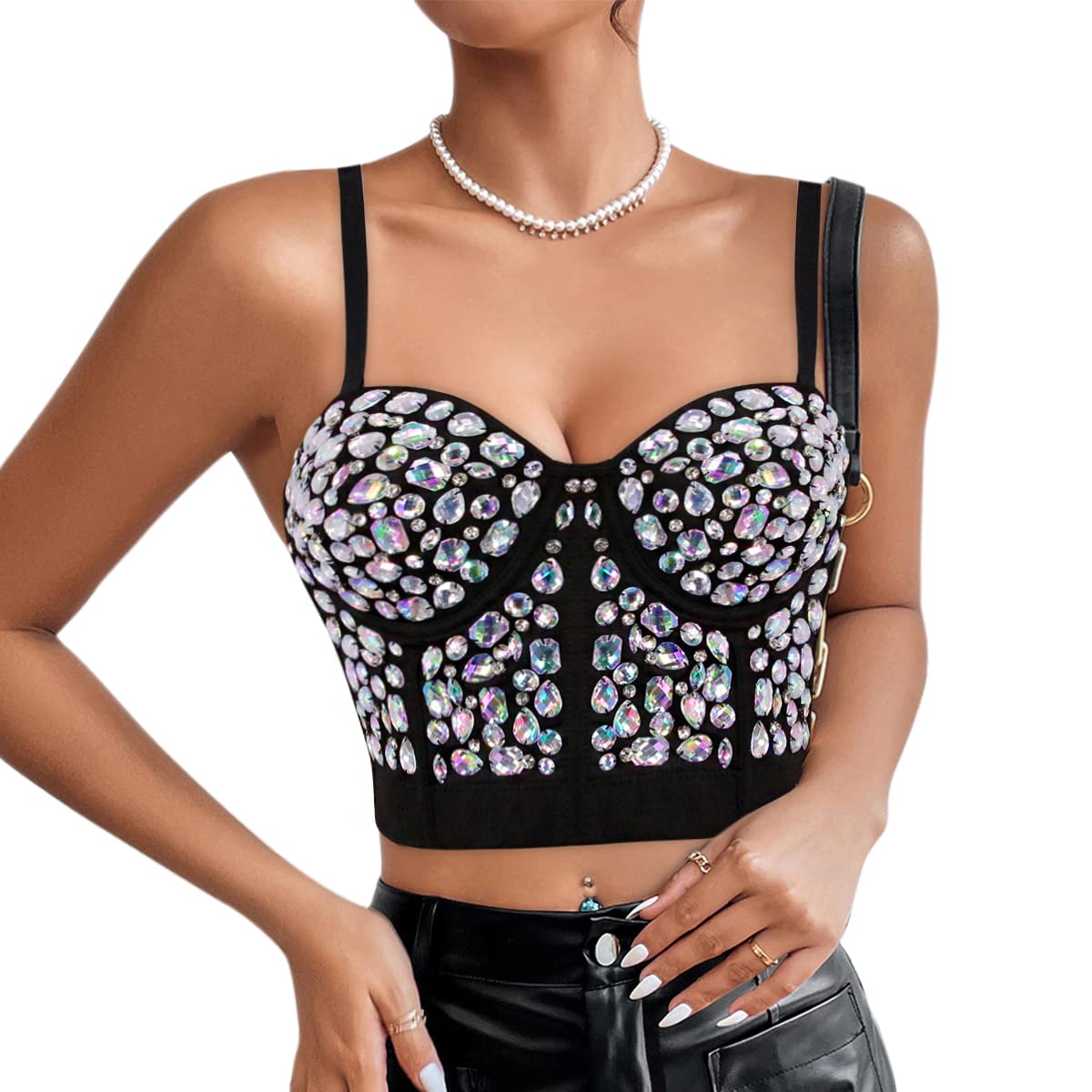 Naimo Damen Sexy Strass Bustier Push Up Crop Top Korsett BH Glitzer Kristall Tank Top Cami Weste Party Clubwear