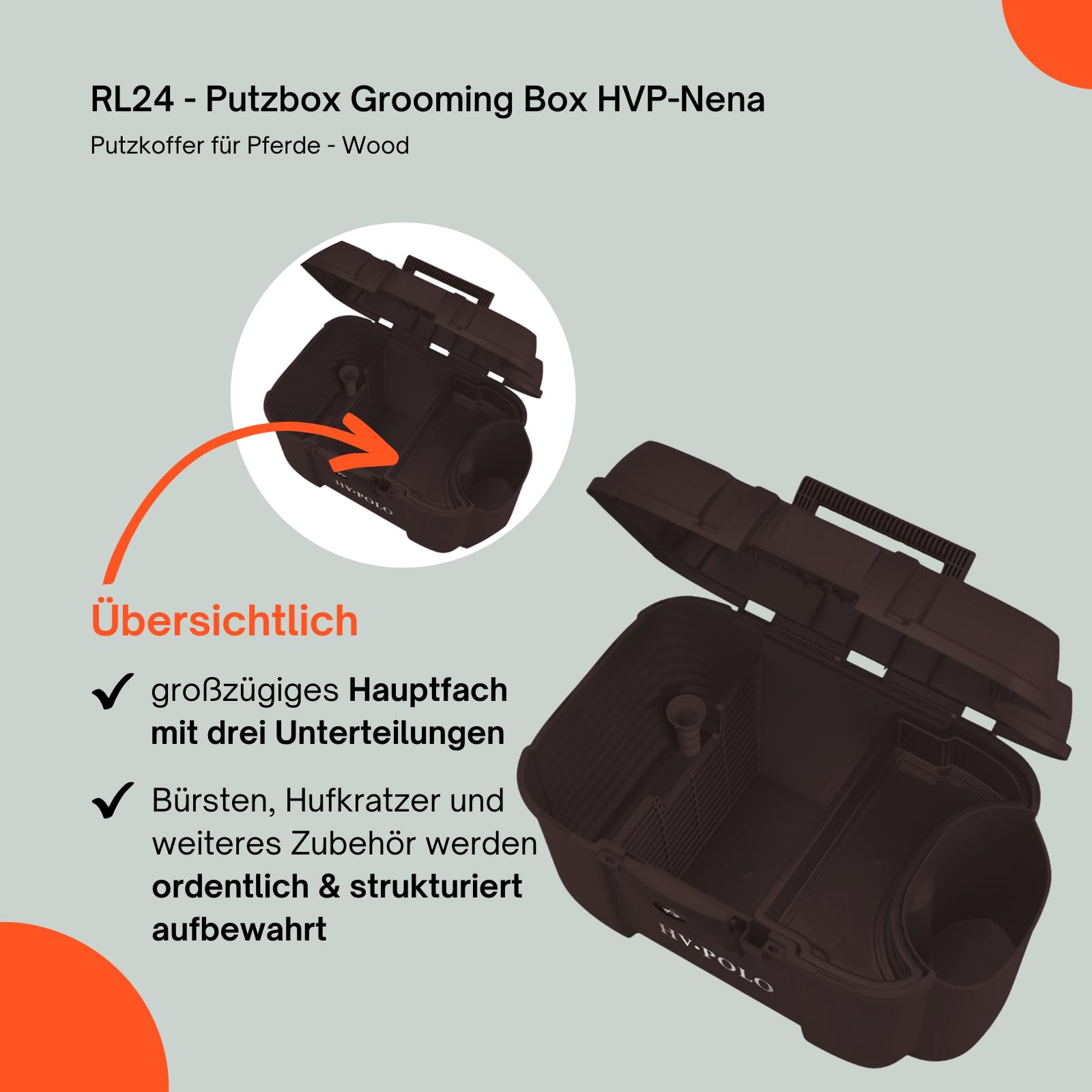 RL24 - Putzbox Grooming Box HVP-Nena – Braun (Wood) | Putzkoffer für Pferde – Putzkasten aus Hartplastik – mit Halterung für Gerte & 3 Innenbereichen – robuste Putzkiste
