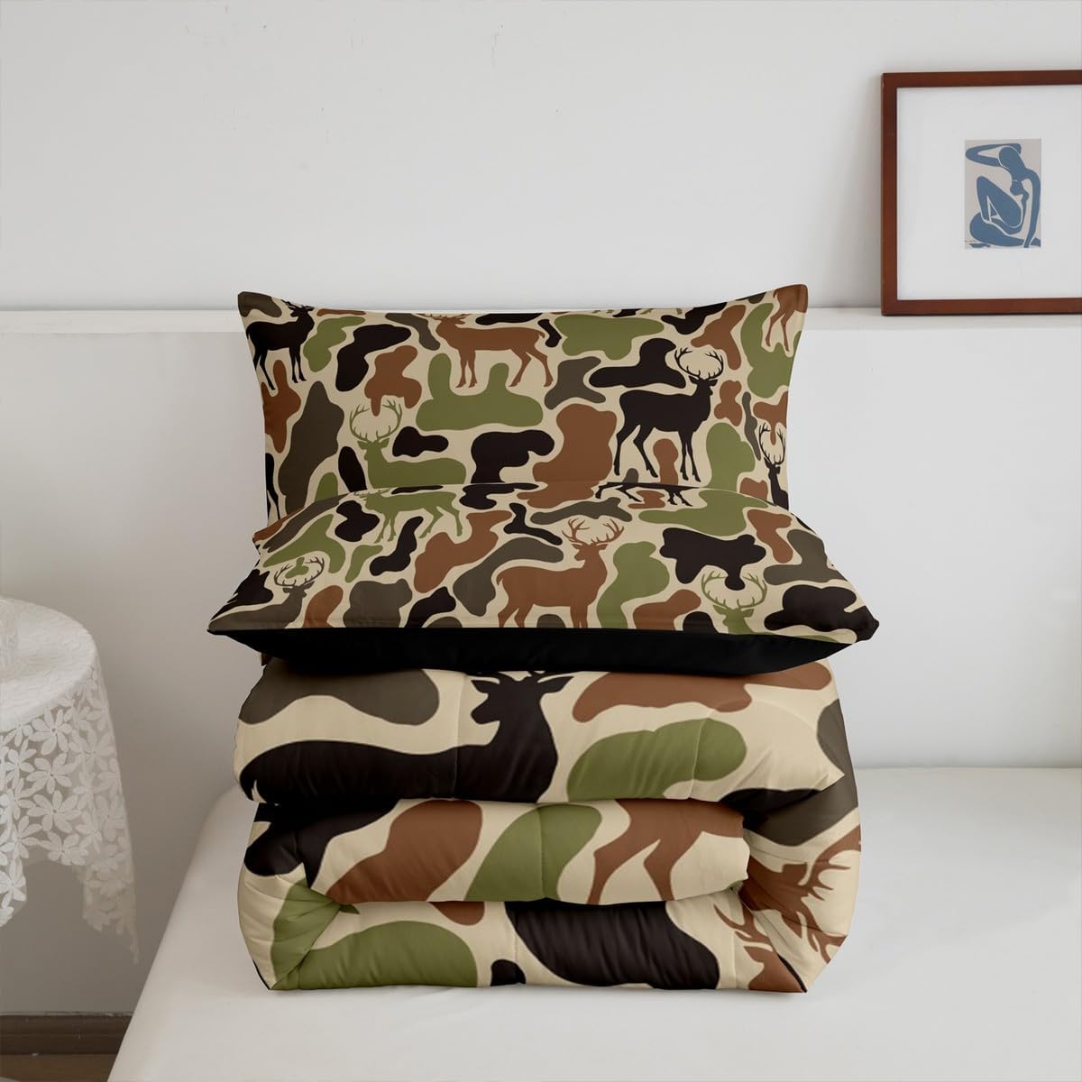 Feelyou Kids Camo Deer Bedding Set Twin Size Deer Hunting Duvet Quilt for Boys Girls Teens Bedroom Decor Antlers Comforter Set Breathable Soft Microfiber Western Farmhouse with 1 Pillow Case
