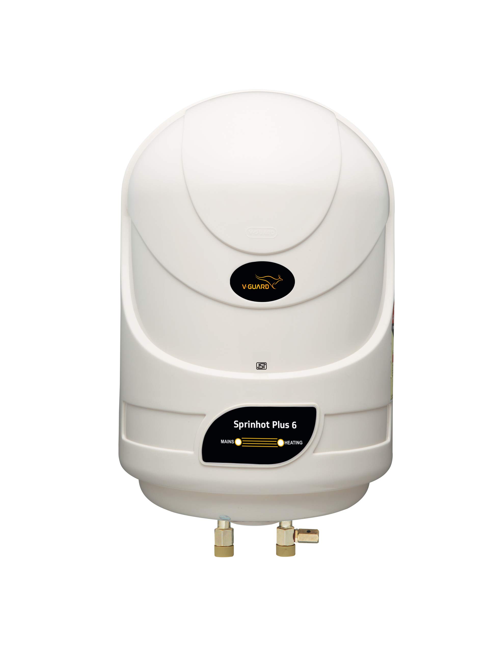Priekyje view of the V-Guard Sprinhot Plus 6L Water Heater in Ivory, showing the main unit and bottom connections.