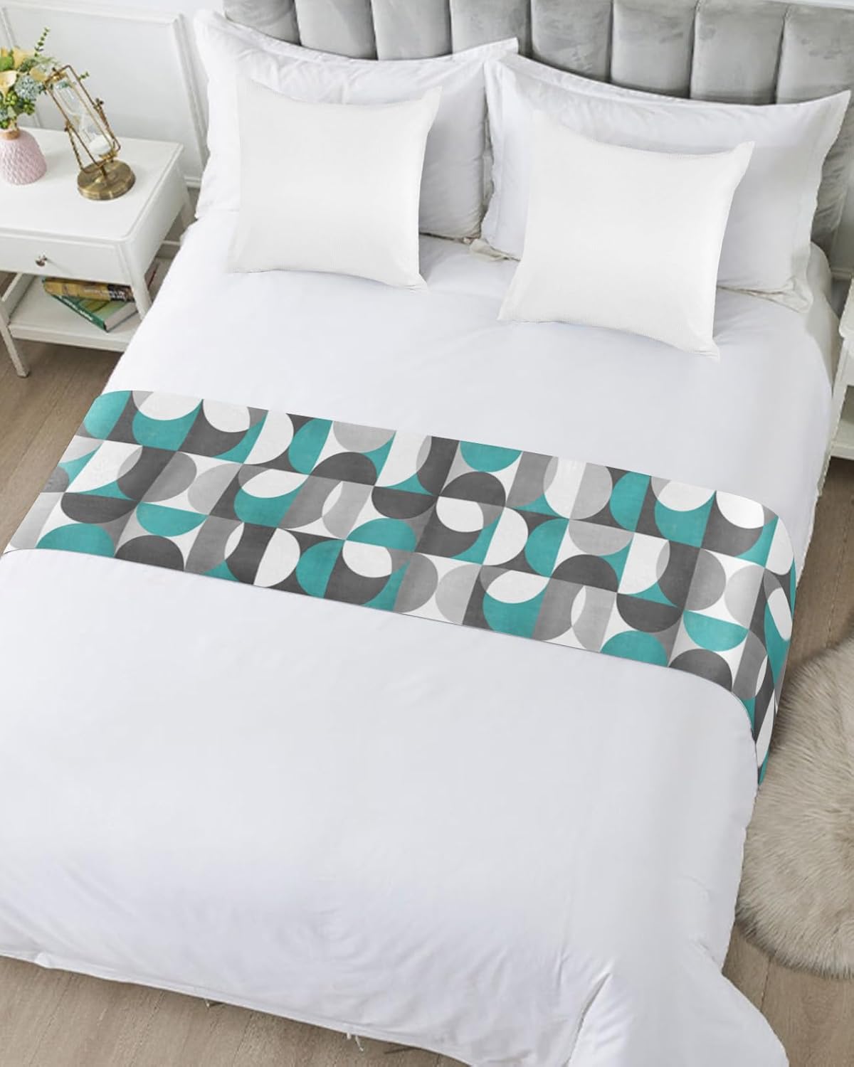 Bed Runner Scarf, Retro Middle Ages Abstract Geometic Teal Gray Pattern King Bed Bedding Scarves Cover Decorative Bed Scarf for Home Hotel Guesthouse Bedroom Wedding Room Guestrooms 94"x20"
