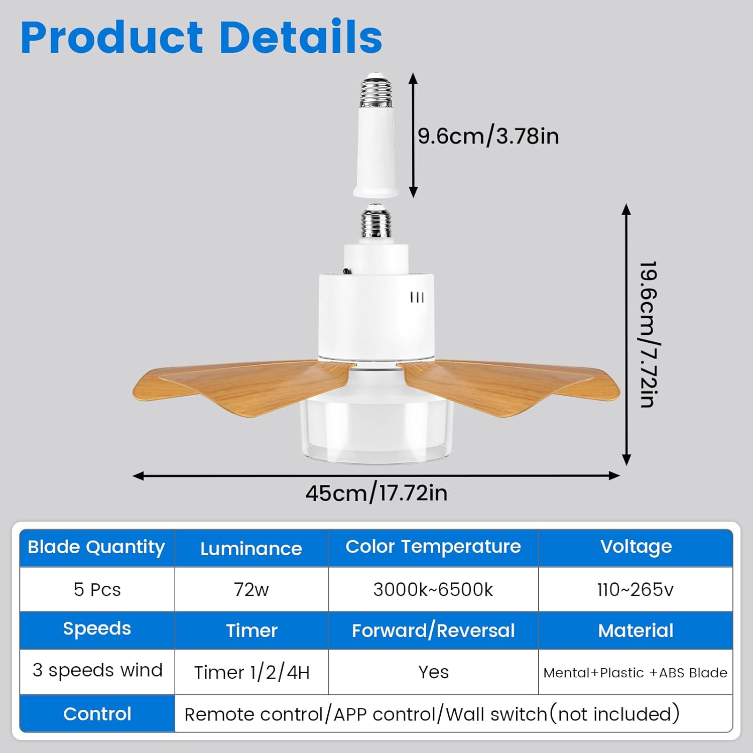 Socket Fan Light with Double Layer Shade Ceiling Fans with Remote and App Contro 3 Colors 3000K-6500K 2800 Lumens Screw in Small Ceiling Fan for Bedroom Living Room Kitchen Garage (Wood Color)