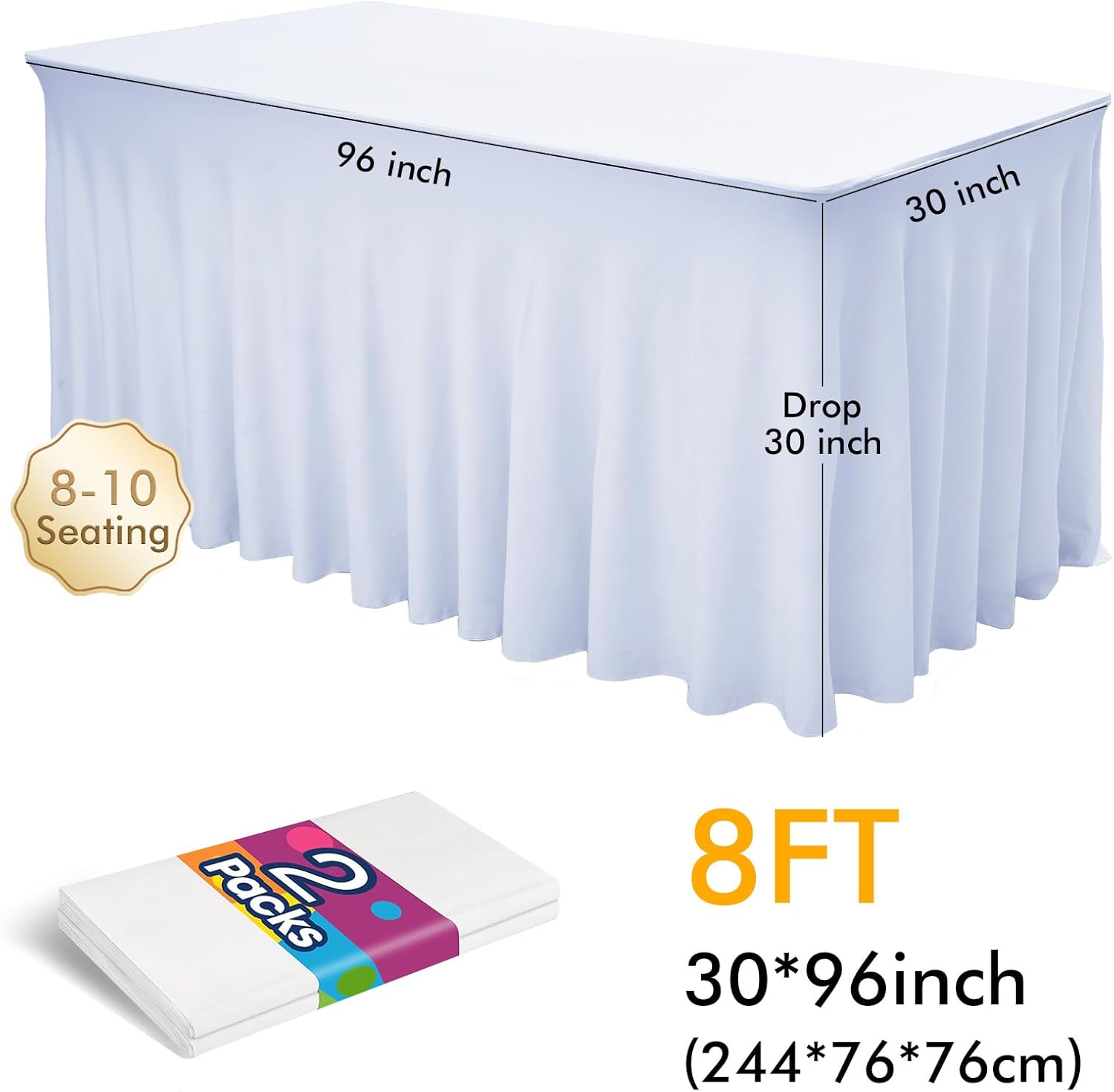 FAVE 2 Pack Table Skirts for Rectangle Tables White Cloth Tablecloth Fitted Design Table Covers for Party Rectangular Tablecloth for Outdoor, Wedding, Banquet & Parties(White, 30x96 Inch|2 Pack)