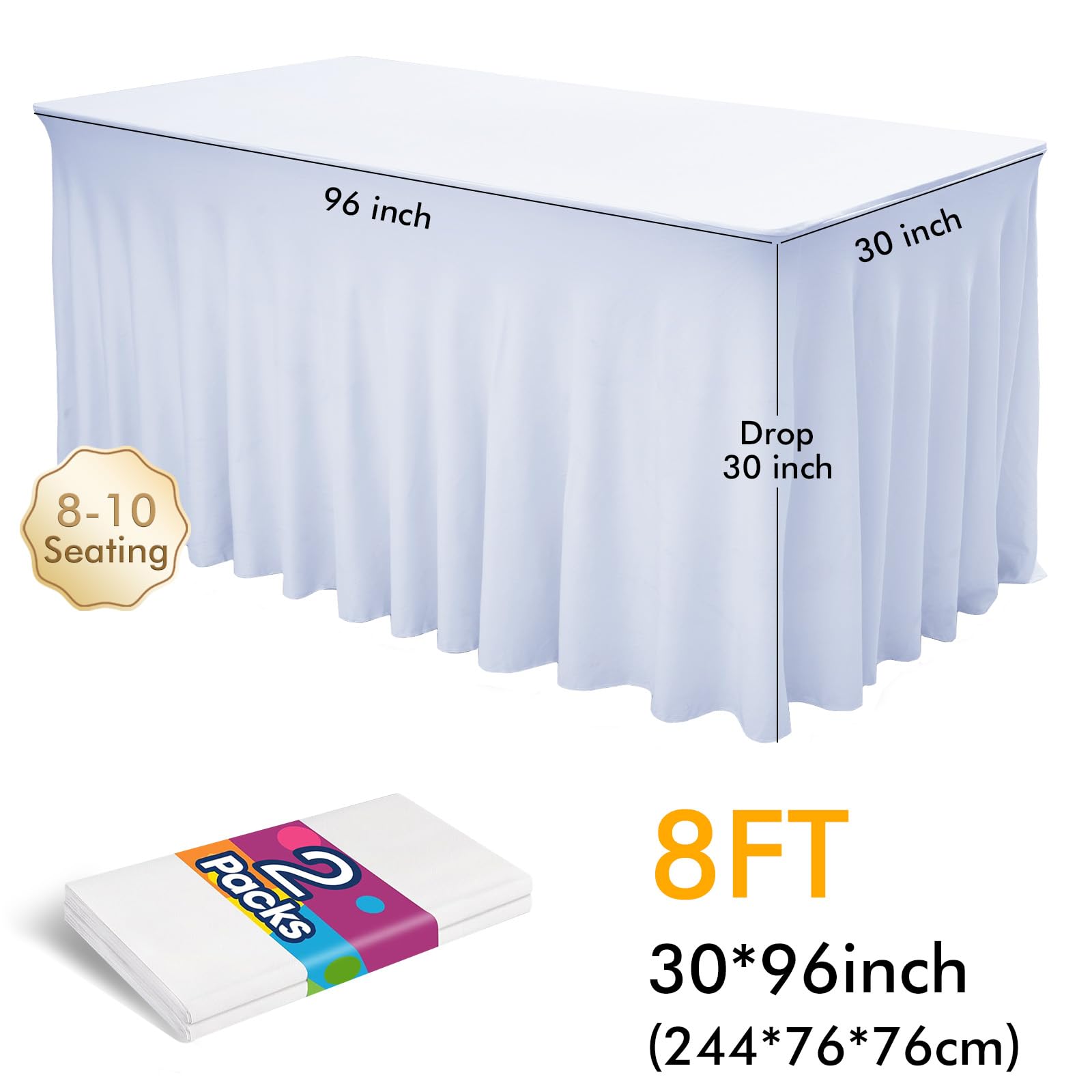 FAVE 2er Set Tischröcke für Rechteckige Tische 244 cm, Weiß | Tischdecken mit Passform für Party, Outdoor, Hochzeit und Bankett, Weiß, 76x244 cm