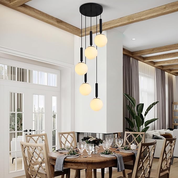 Luminaire de plafond à hauteur réglable, suspension noire 5 lumières chaudes