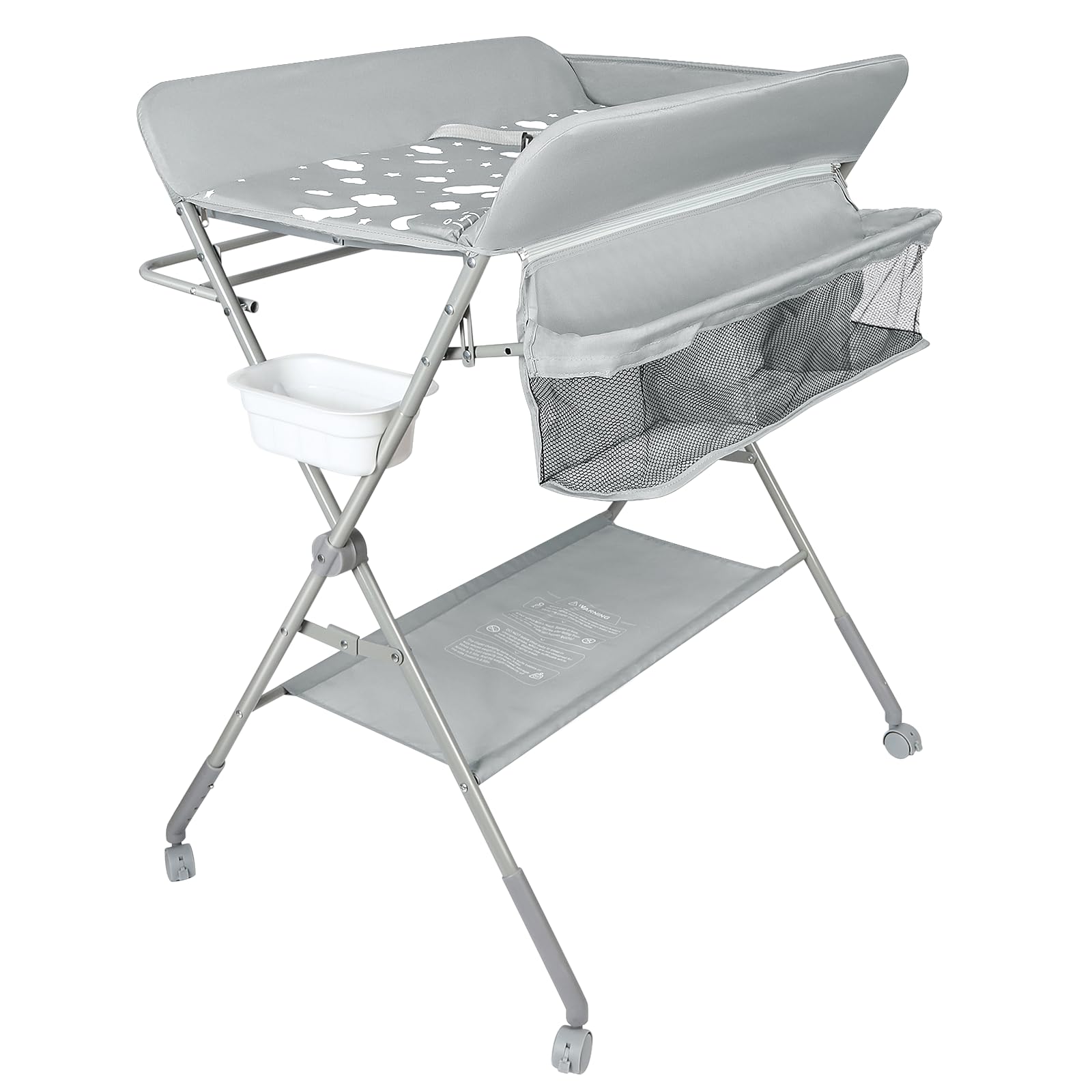 Table à langer pour bébé avec roues, station à langer pliante portable à hauteur réglable avec organiseur de pépinière et support de rangement pour nouveau-né et nourrisson-80 * 58 * 90 cm-gris clair