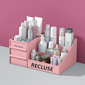 RECLUSE Pink Vanity Makeup Organizer, Desk Organizer with Multi-layer Drawers, Multifunctional Cosmetic Box, Eyeshadow Palettes & Beauty Supplies Ideal Organizer for Bedroom,Bathroom Countertops - image, photos