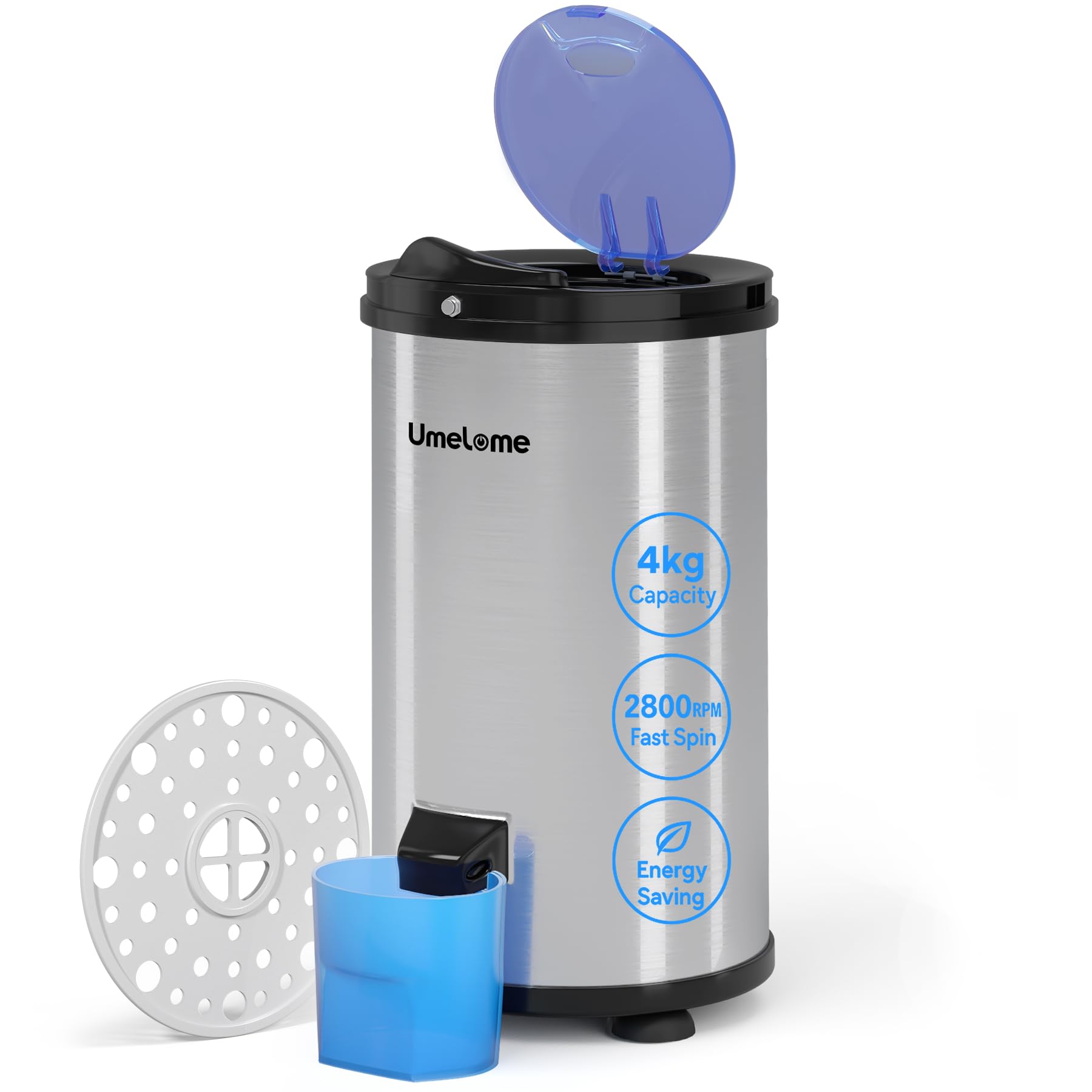 Spin Dryer 4kg by Umelome, Energy&Power Saving Spinner 2800 RPM Clothes Dryer, Energy Efficiency Class: A+++, Gravity Drain dryer, Silvery