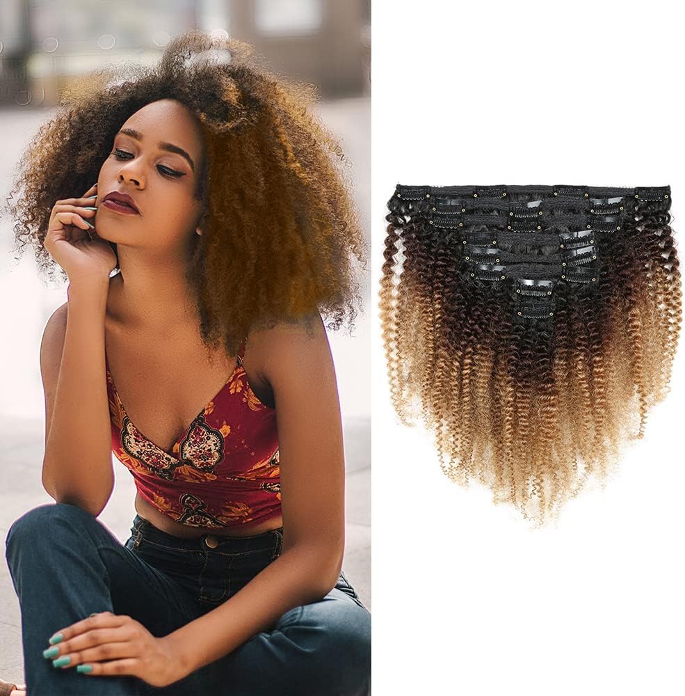 18 Inch 8A Remi Human Hair Clip in Extensions 8Pcs/Set Afro Kinky Curly Double Wefts For Black Women Ombre Color 120 Grams/Set(T1B-4-27#)