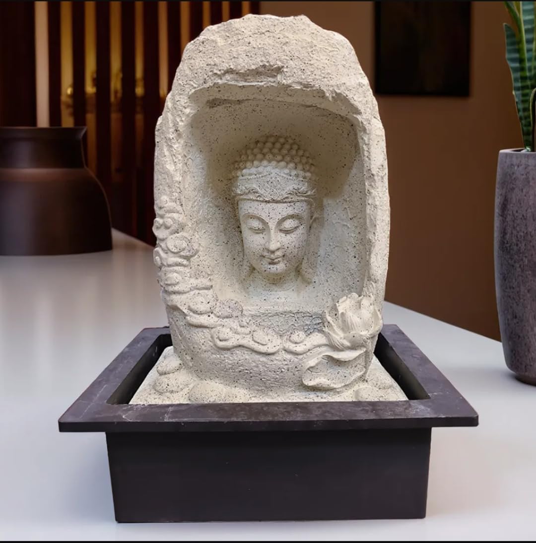 Happy's Zen Garden Buddha Water Fountain, Indoor Tabletop Meditation Decor, Stone Finish Sculpture with Base, Asian Spiritual Theme-image-28