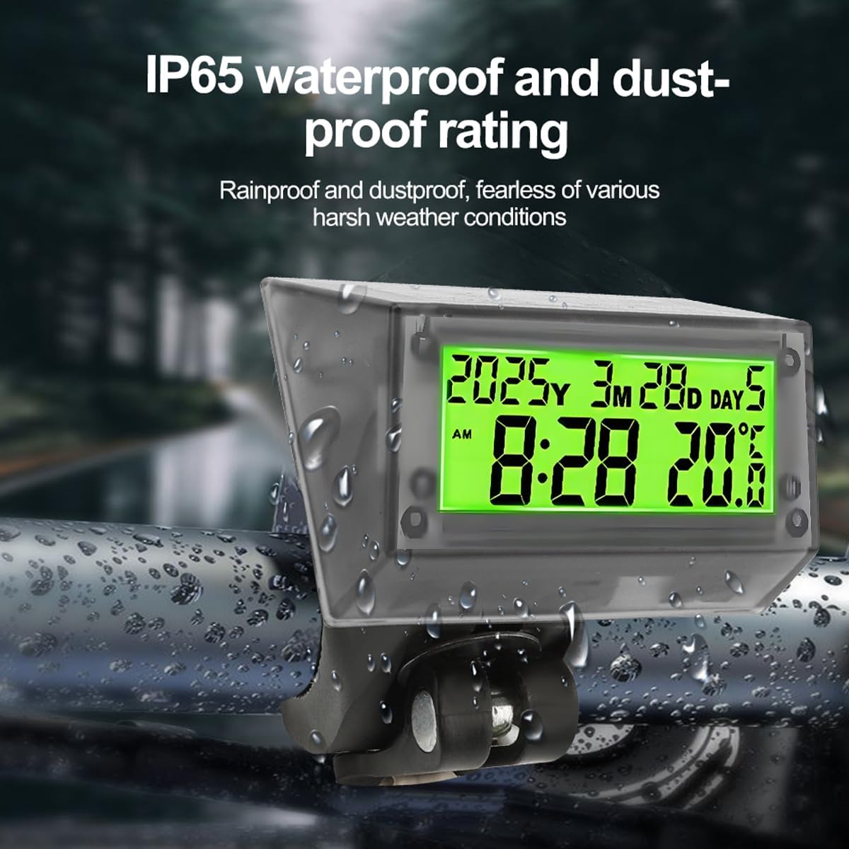 Solar Powered LCD Clock - Waterproof Shockproof Car Multifunctional Digital Clock with Time, Date, Week, Temperature,Handle Bracket for for Car Motorcycle Bicycle Green Light
