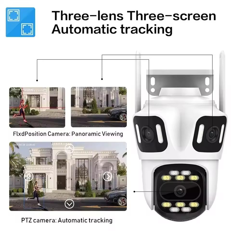 Image of Wireless 4K Triple Lens (4+4+4) WiFi Outdoor Security Camera | 8 LED Full-Color Night Vision | 360 PTZ | Motion Tracking | Two-Way Audio | Waterproof Wireless CCTV for Home & Office.