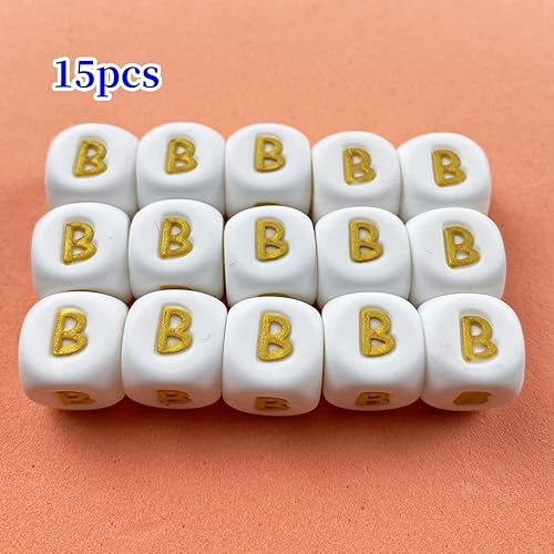 Miniatura 2 de Cuentas de letras de silicona, 15 cuentas de silicona del alfabeto de 0.472in, cuentas cuadradas del alfabeto, letras doradas a granel, cuentas de