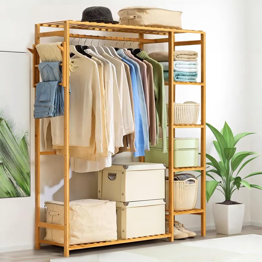 Warmiehomy Heavy Duty Clothing Rail with Shelves Clothes Hanging Rail Wood