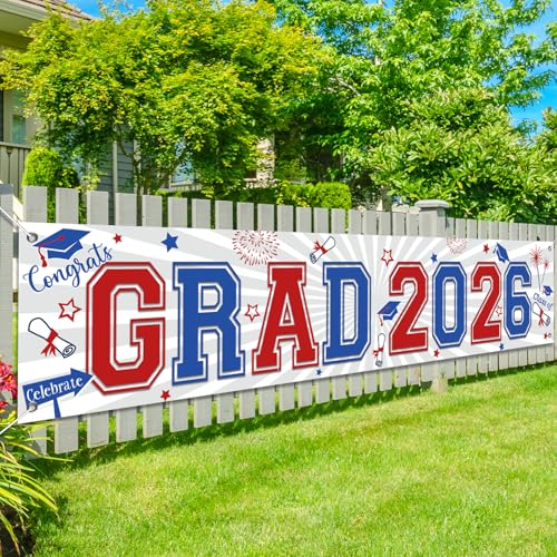 Image of Red Blue Graduation Decorations Class of 2026 Yard Sign Banner Large Red White and Blue Congrats Grad Banner Yard Sign for Graduation Party Supplies