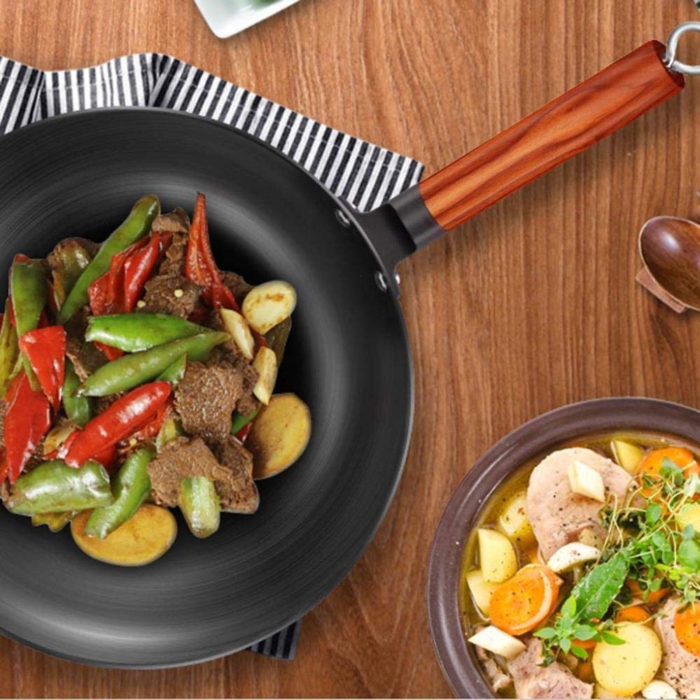 Garnek wok z niepowlekanej stali nierdzewnej garnek z uchwytem z zimnego drewna kaliber 32 cm nadaje się do wszystkich kuchenek indukcyjnych