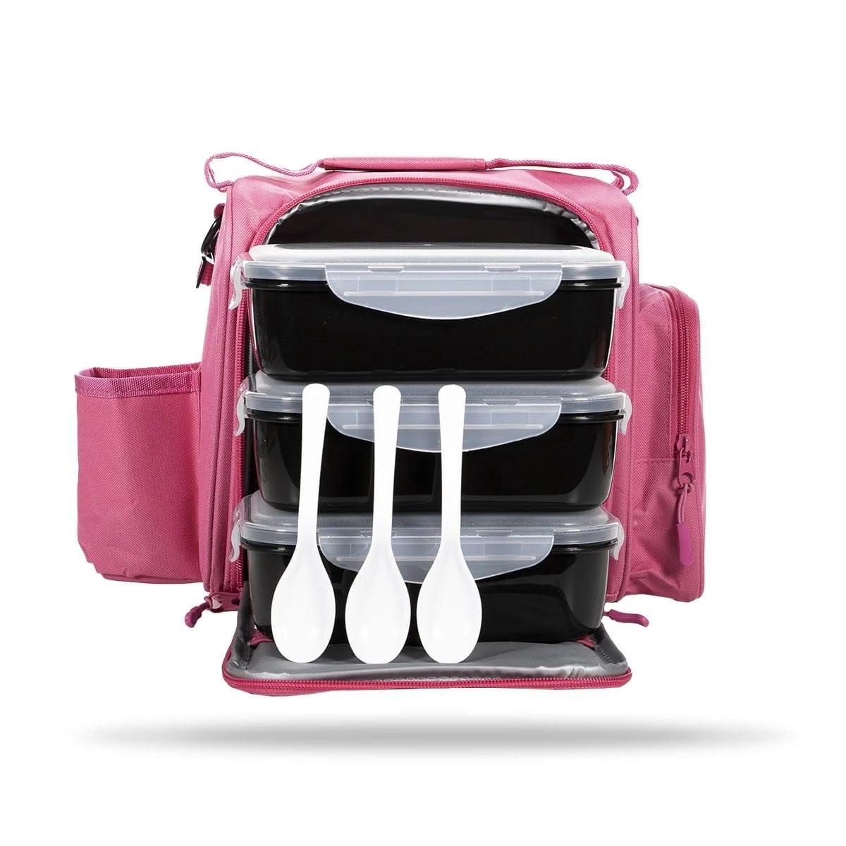 GymBeam FIT Prep Essenstasche - Kleine Kühltasche mit 3 stabilen Behältern, Löffeln und Gelpacks, praktische Kühltasche für Unterwegs mit verstellbarem Schultergurt und Seitentasche (Pink)
