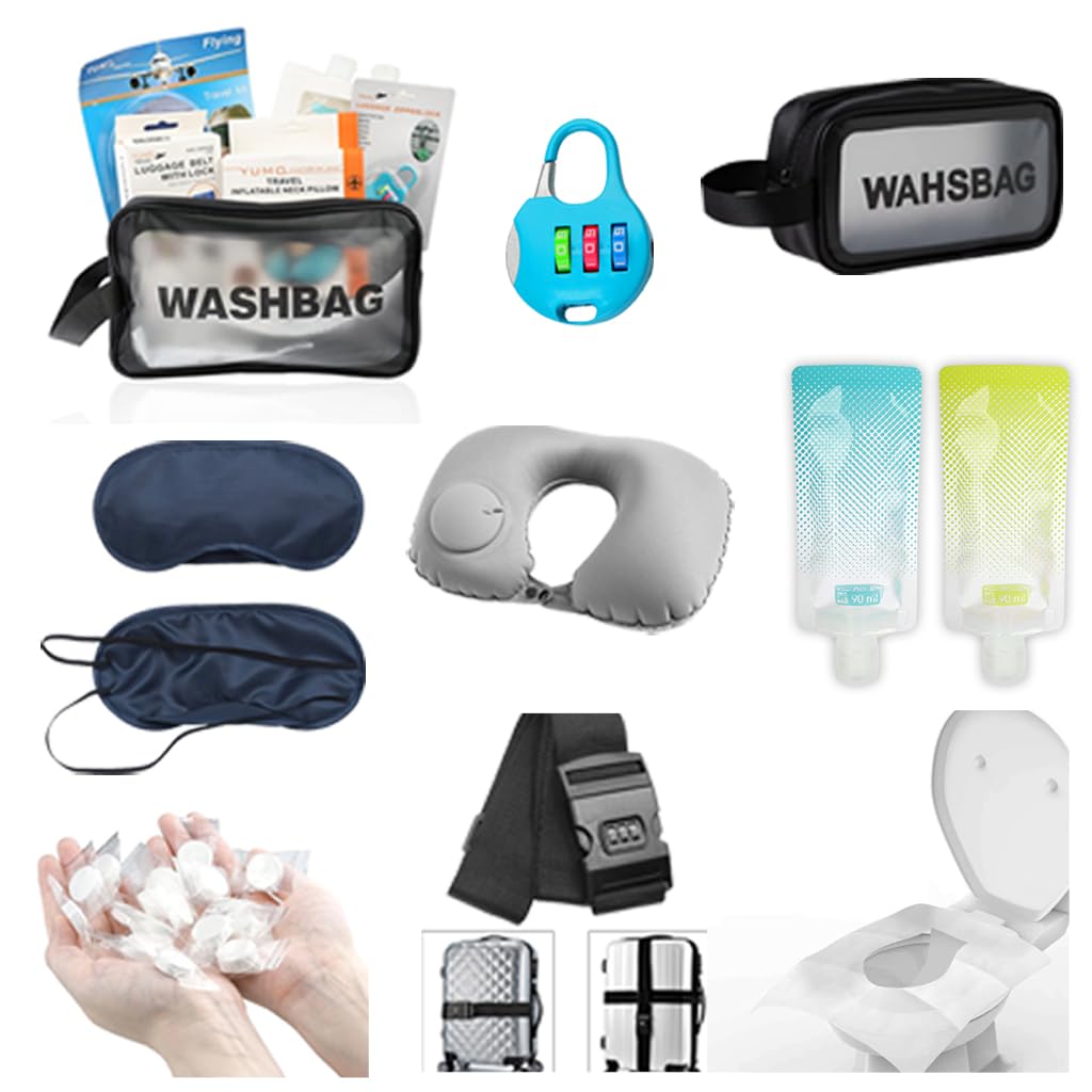 9-Piece Travel Kit: Neck Pillow, Towel, Toilet Mat, Foldable Bottles, Eye Mask, Number Lock, Luggage Belt - Essential Organizer for Men & Women - Compact, Stylish Accessories