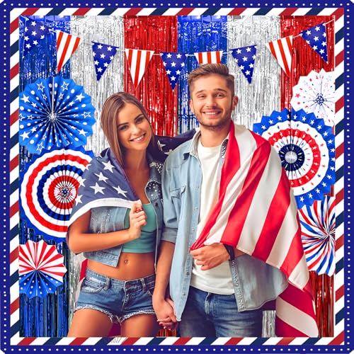 Image of 4th of July Patriotic Decorations, Red White and Blue Decorationl Include 3 Pack Foil Fringe Curtains, Paper Fans, Pennant Bunting for Patriotic Party, Memorial Day, Independence Day, Labor Day