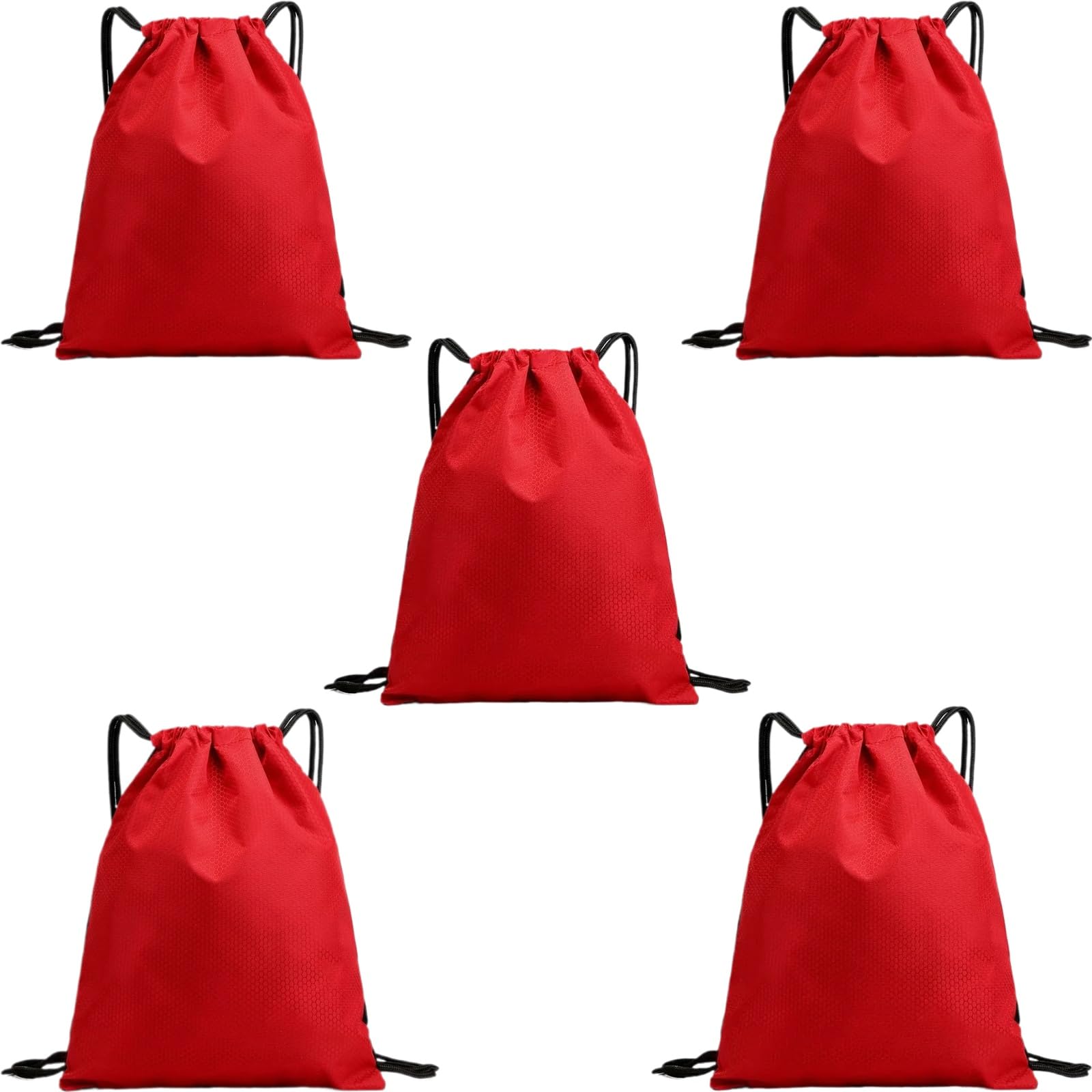 5-Pack Waterproof Drawstring Backpacks, Soccer-Texture Oxford Fabric, 16.9" × 13.8", Lightweight 0.20 lb Each, No Eyelets, Gym &amp; Marathon Gear Sacks(Red)