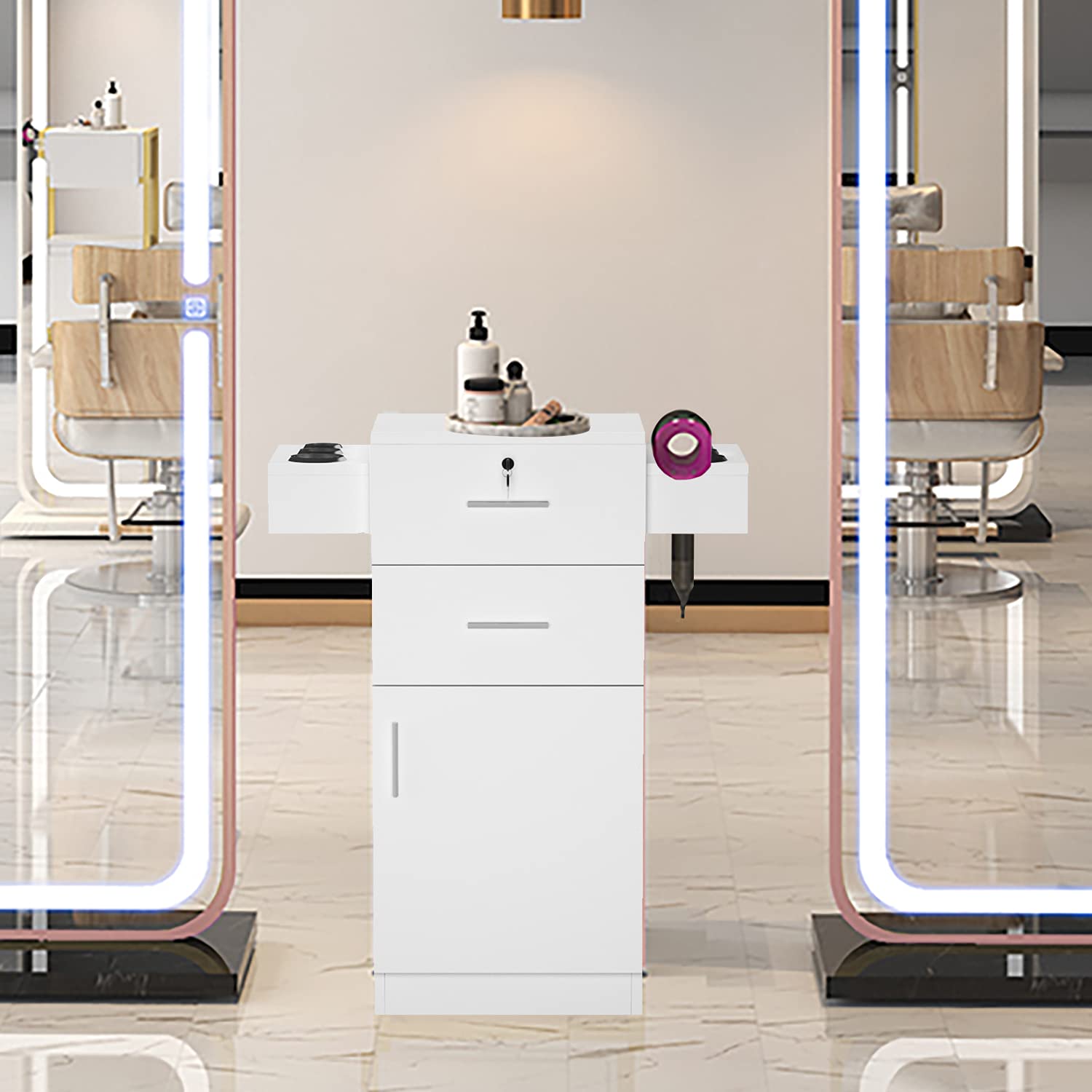 MTFY Hair Beauty Salon Spa Equipment Set Hair Styling Barber Station with 2 Drawers 1 Cabinet and 6 Hairdryer, Hairdryer Stylist Salon Cabinet Holder Storage (White)