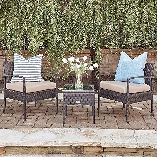 Amazon Com Belleze 3pc Patio Set Furniture Outdoor Sofa Cushion Seat Wicker Set Rattan Backyard Chairs W Coffee Table Brown Patio Lawn Garden