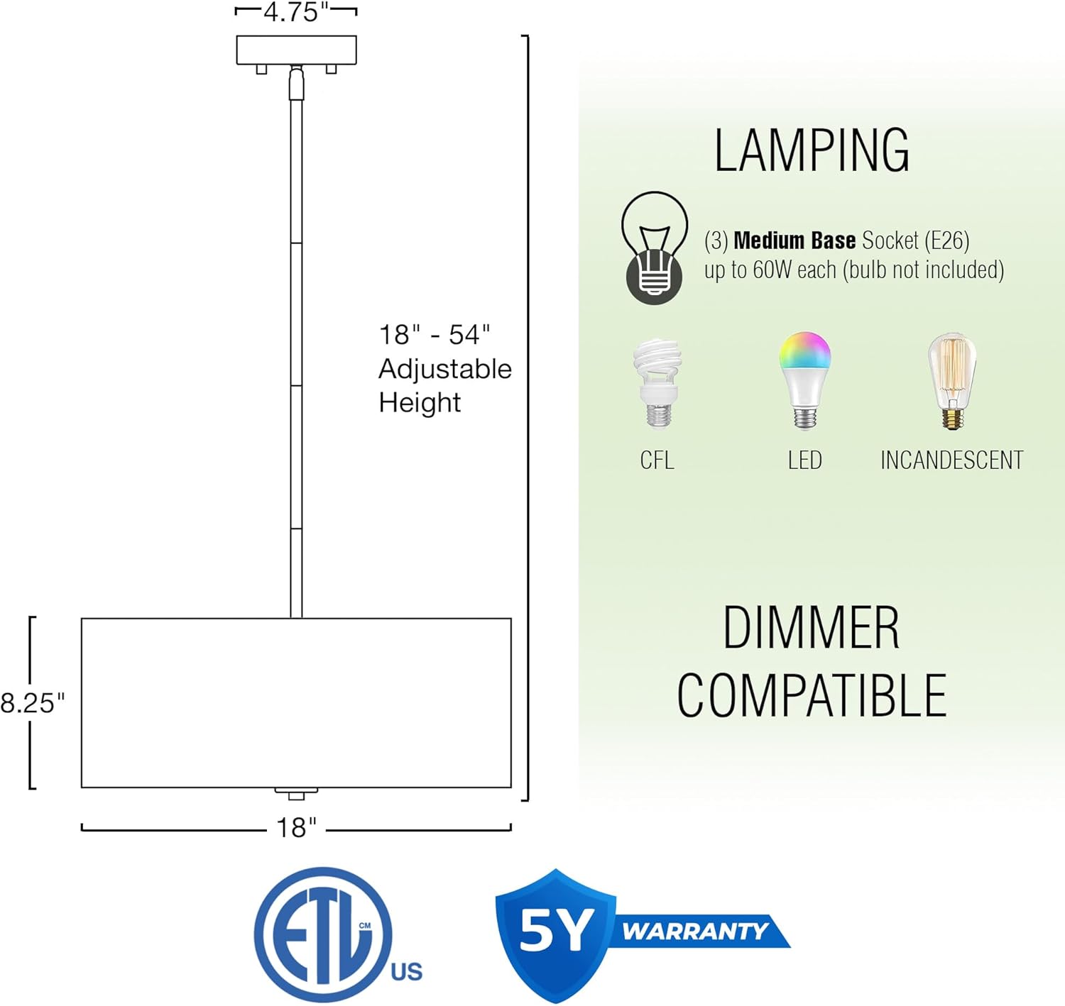 Kira Home Pearl 18" Modern 3-Light Large Drum Pendant Chandelier, White Textured Shade + Glass Diffuser, Adjustable Height, LED Compatible, Brushed Nickel Finish