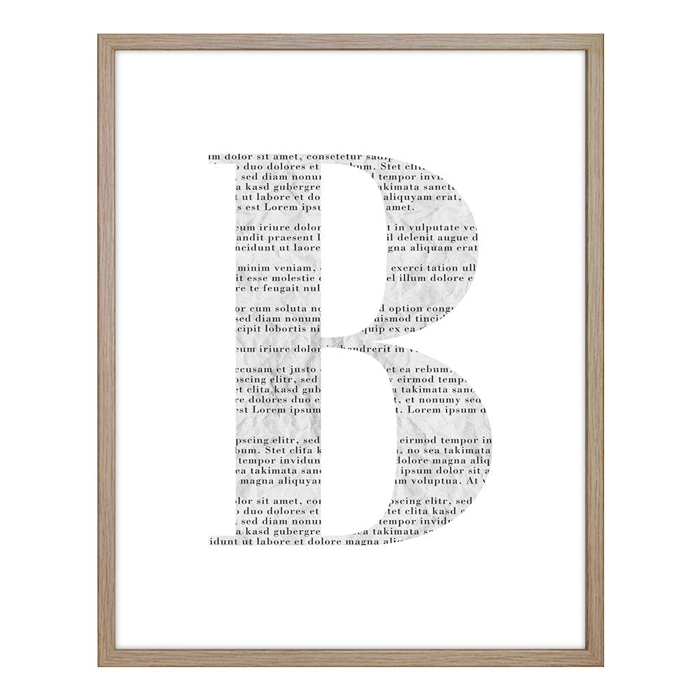 Stampa Artistica con Immagine di Giornale Bianco e Nero, Cornice Neo in rovere naturale (decoro) con poster da parete, Lettera B, 40 x 50 cm