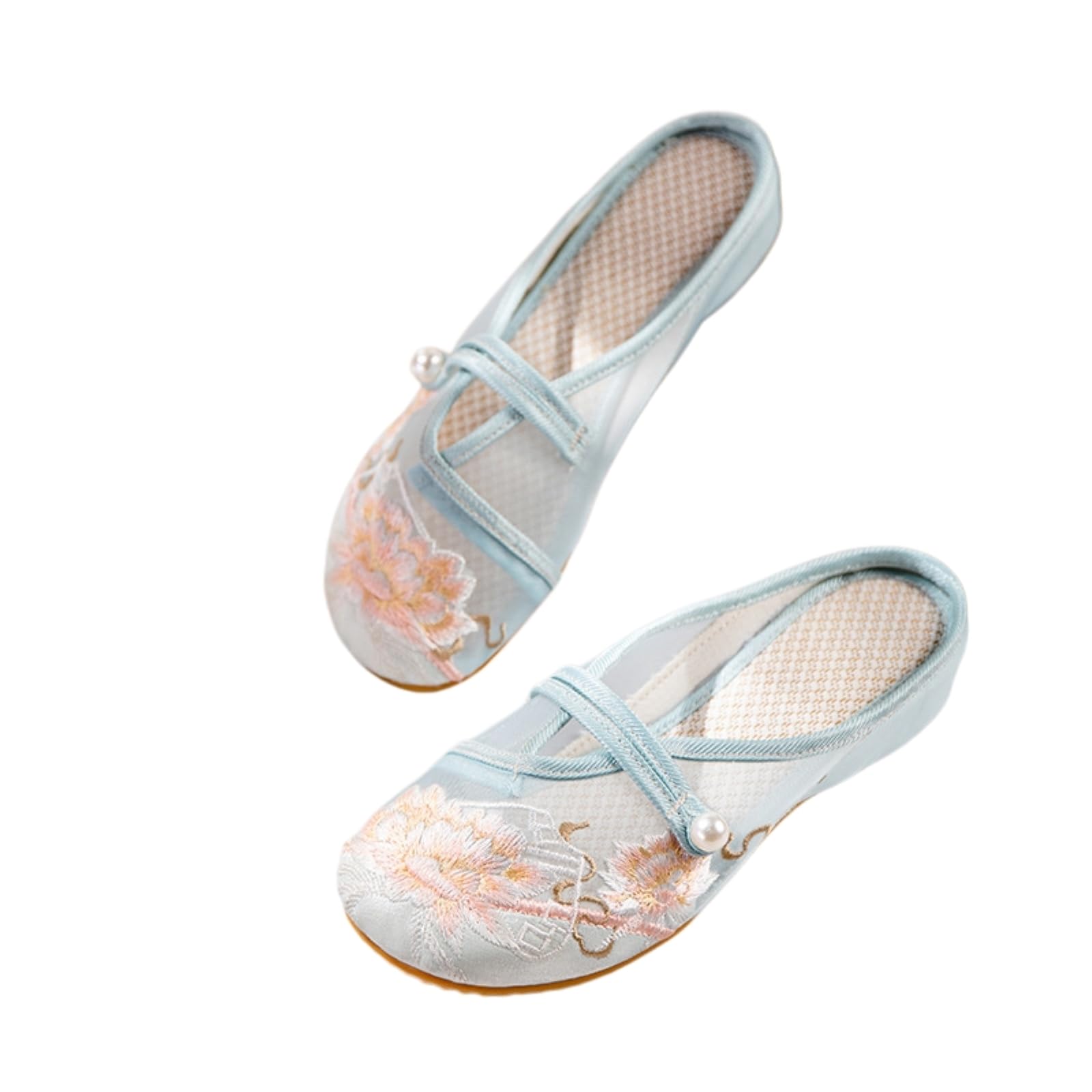 Gyios Women's Blue Clogs & Mules Floral Embroidery Mesh Mule Slippers, Slip-On Strap Flat Rubber Shoes For Dresses Pants Daily Wear-41