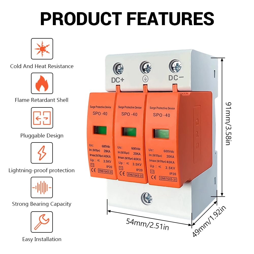 Dispositivo di protezione da sovratensioni 3P, scaricatore di sovratensioni 600V DC 40kA, montaggio su guida da 35 mm, SPD a bassa tensione per protezione da fulmini, protezione solare fotovoltaica