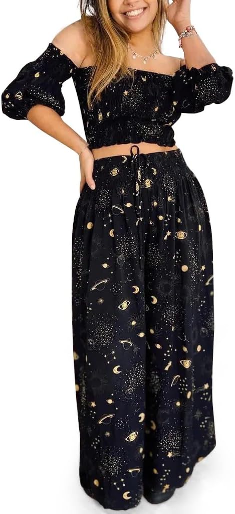 Women Casual Summer 2 Piece Set Date Outfits Lounge Set Matching Travel Vacation Clothes Wide Leg Pants Set