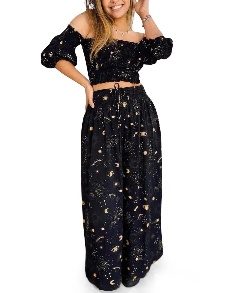Photo 1 of CORAMOON 2 Piece Sets for Women Casual Summer Outfits Womens Lounge Set Matching Travel Vacation Clothes Wide Leg Pants Set, XL