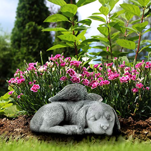 Pure Garden Sculpture Pet Memorial Statue, Sleeping Angel Dog, Stone Finish #TOP6