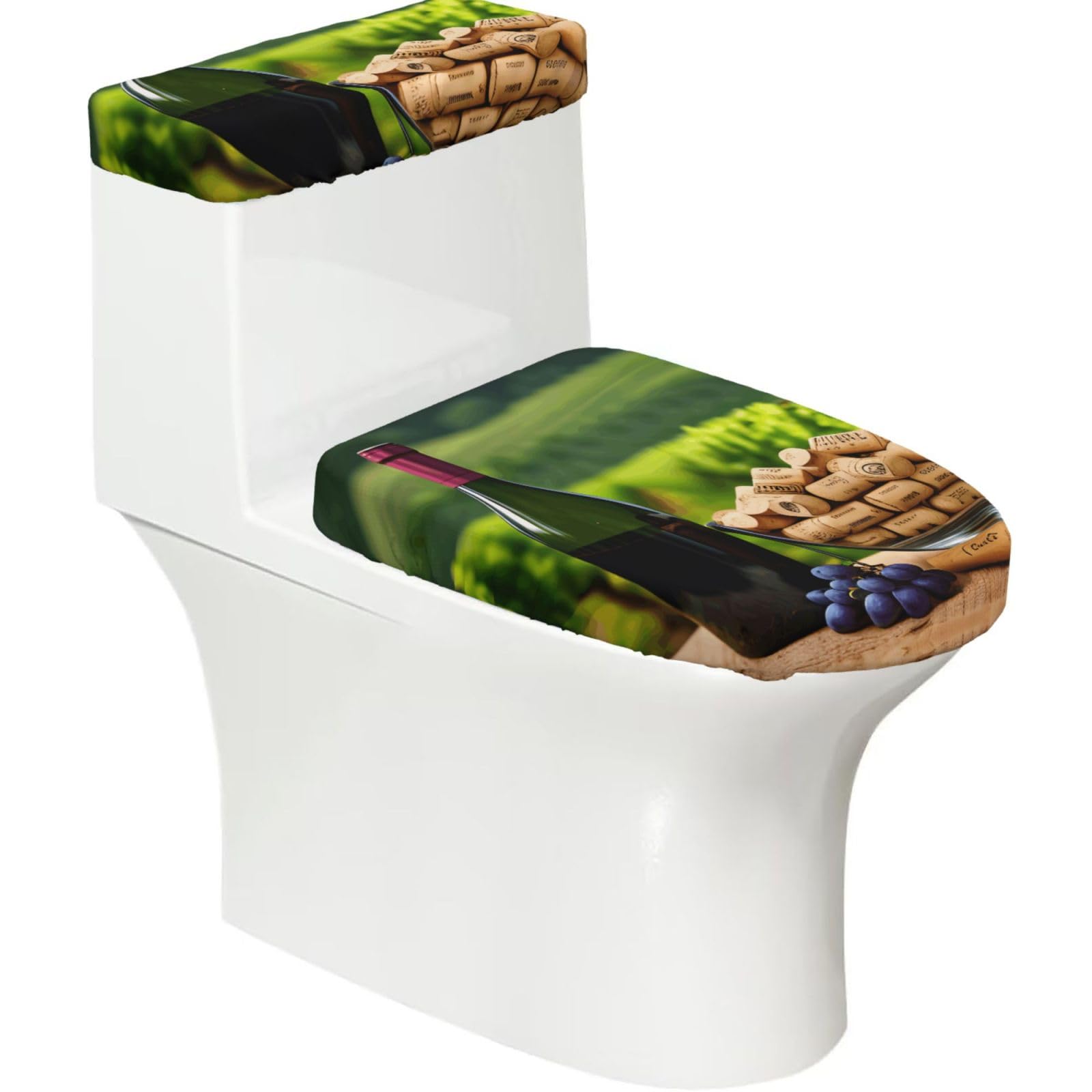 Flghjnbjn Black Wine Bottle Corks Grapes Printed Toilet Tank And Lid Cover Set Of 2 For Most Bathrooms, Fits Elongated Round Toilets