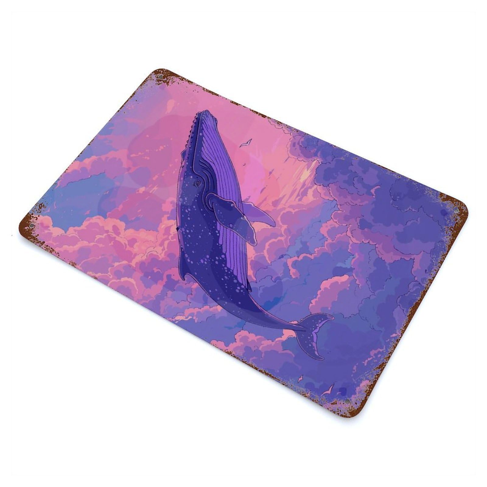 Garage Style Whale Flying on Sky Retro Distressed Metal Wall Sign 11.8"x7.9", Novelty Wall Decor for Bar And Workshop