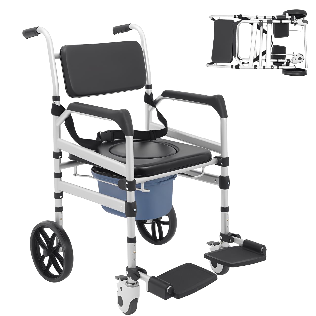 Sedia WC per anziani, pieghevole, stabile, con ruote e cintura di sicurezza, regolabile in altezza, capacità di carico 150 kg, per malati, anziani, disabili, incinte