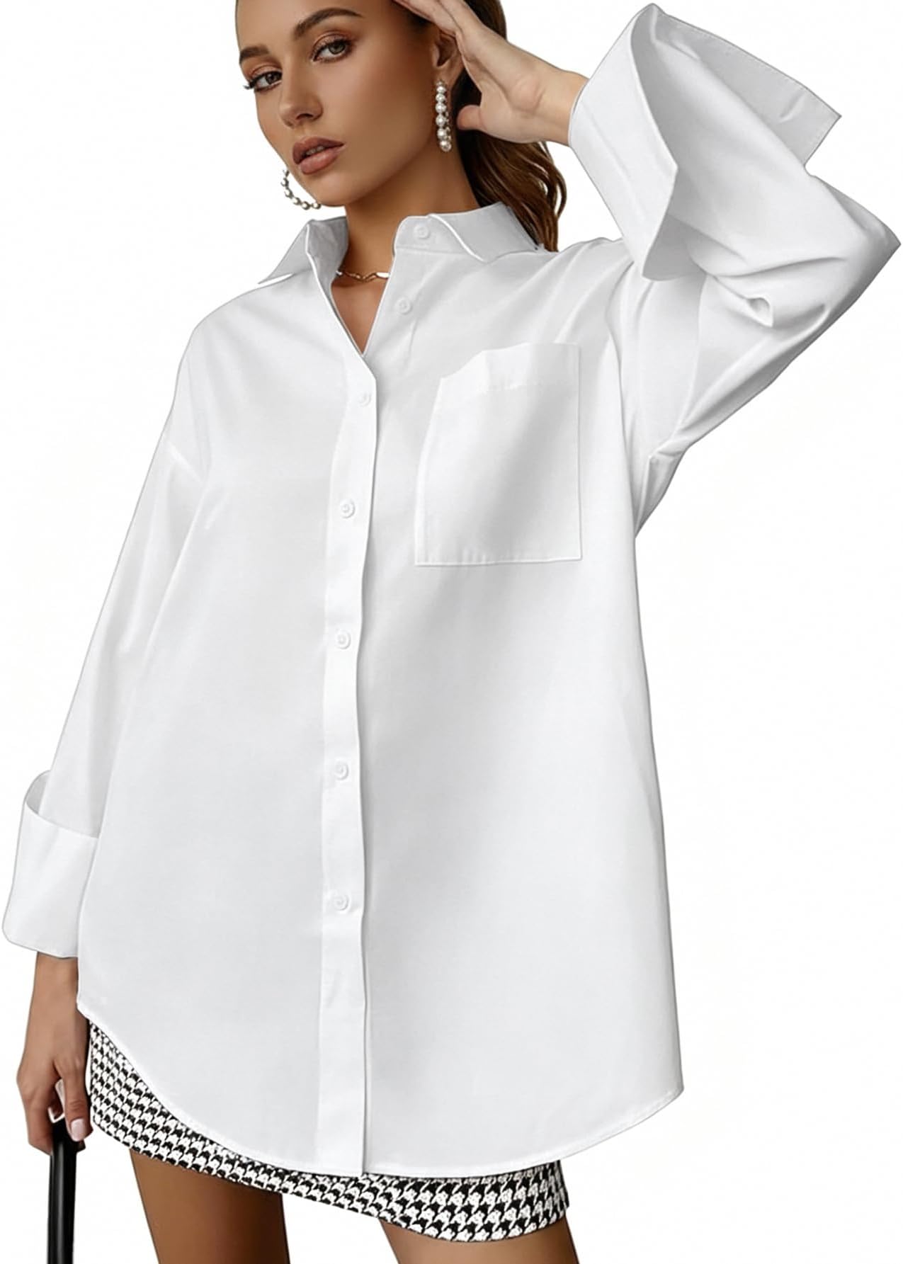 Women's Oversize Collar Button Down Long Sleeve Work Blouse Top