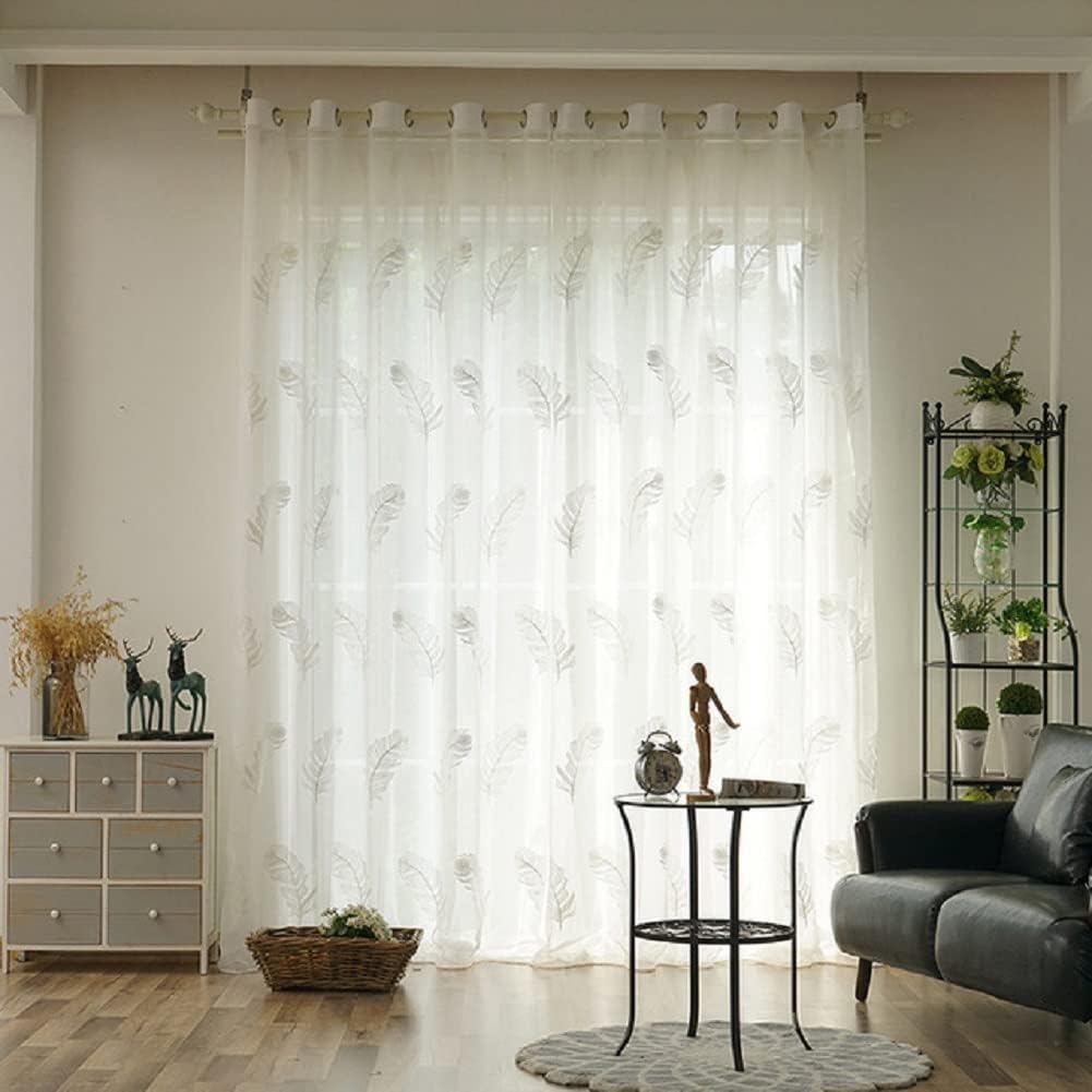 New Simpe Nature Feather Pattern Embroidered Voile Semi Sheer Curtains Home Decoration Grommets for Living Kids Nursery Room Bedroom(1 Panel, W 100 x L 95 inch, White)