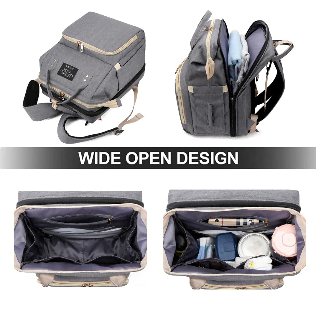Mochila de pañales para bebé, de gran capacidad, organizador para cuna de viaje, mochila con alfombrilla y correas para cochecitos, bolsas aislantes para calentar botellas (gris claro),