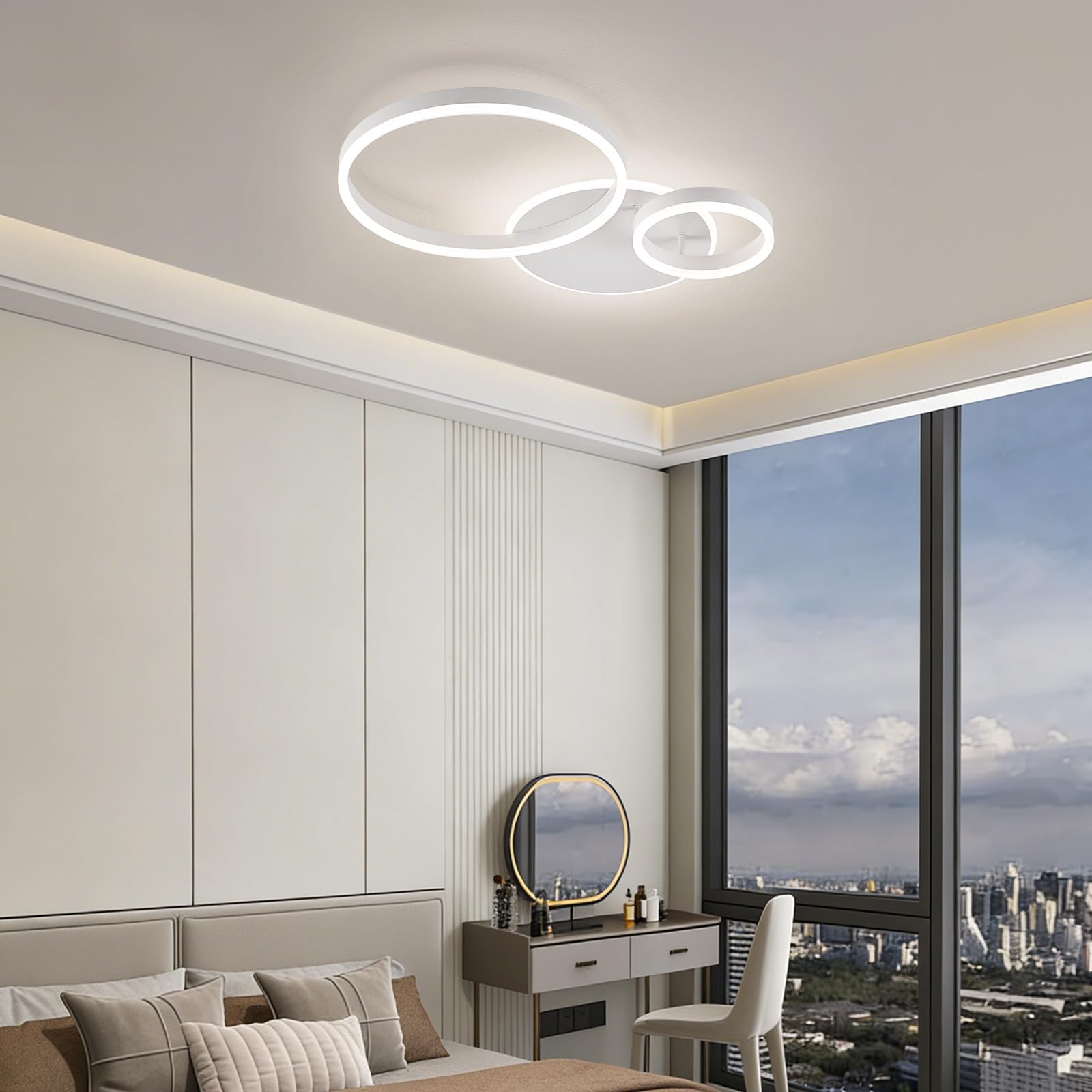 Qamra 64cm LED Deckenlampe,2 Ringe Design 60W,4000K Neutralweiß,Moderne Weiße Deckenleuchte aus Metall und Acryl für Wohnzimmer,Schlafzimmer,Esszimmer,Büro