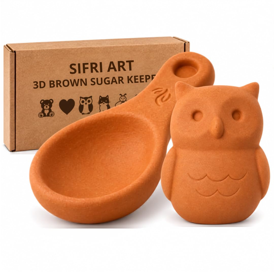Sifri 3D Brown Sugar Keeper 2-in-1 Set – Terracotta Clay Owl &amp; Spoon Saver Softener – Cute Kitchen Storage &amp; Freshness Holder for Sugar – Gift for Bakers (2, Owl and Spoon)