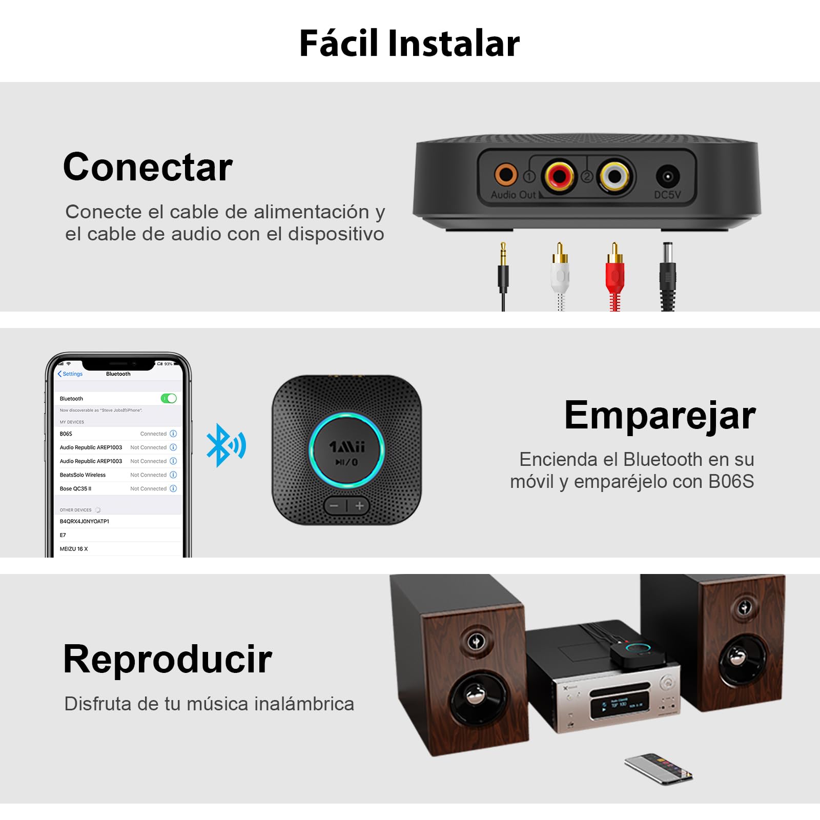 1Mii B06S Receptor Bluetooth 5.3 HiFi, Adaptador Audio Bluetooth con aptX HD/Baja Latencia, Control de Volumen, Salida RCA/AUX 3.5mm Jack para Estéreo, Amplificador, Coche, Altavoz, Largo Alcance 35m