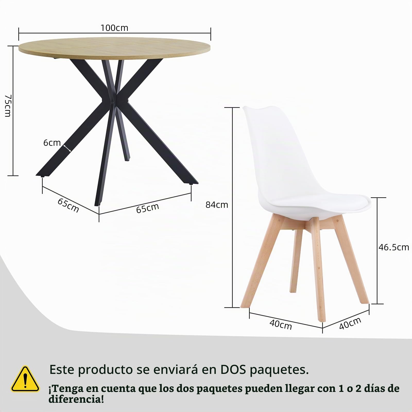 Set de Mesa y Sillas de Comedor, Mesa Redonda 100cm con 4 Sillas Blanco Estilo Escandinavo, Conjunto para Cocina, Salón o Comedor, Medidas: Mesa 100x100x75 cm, Sillas 56×46×82 cm