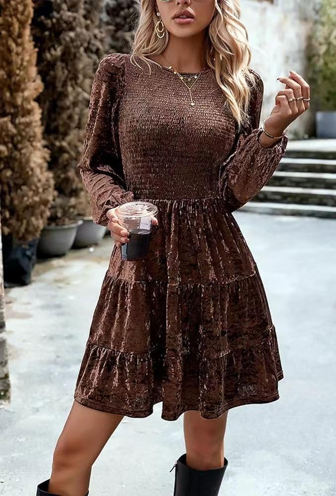 Sumleno Women's Velvet Cocktail Dress Fall Winter Long Sleeve High Waist A-Line Flowy Homecoming Mini Short Party Dress - Image 7