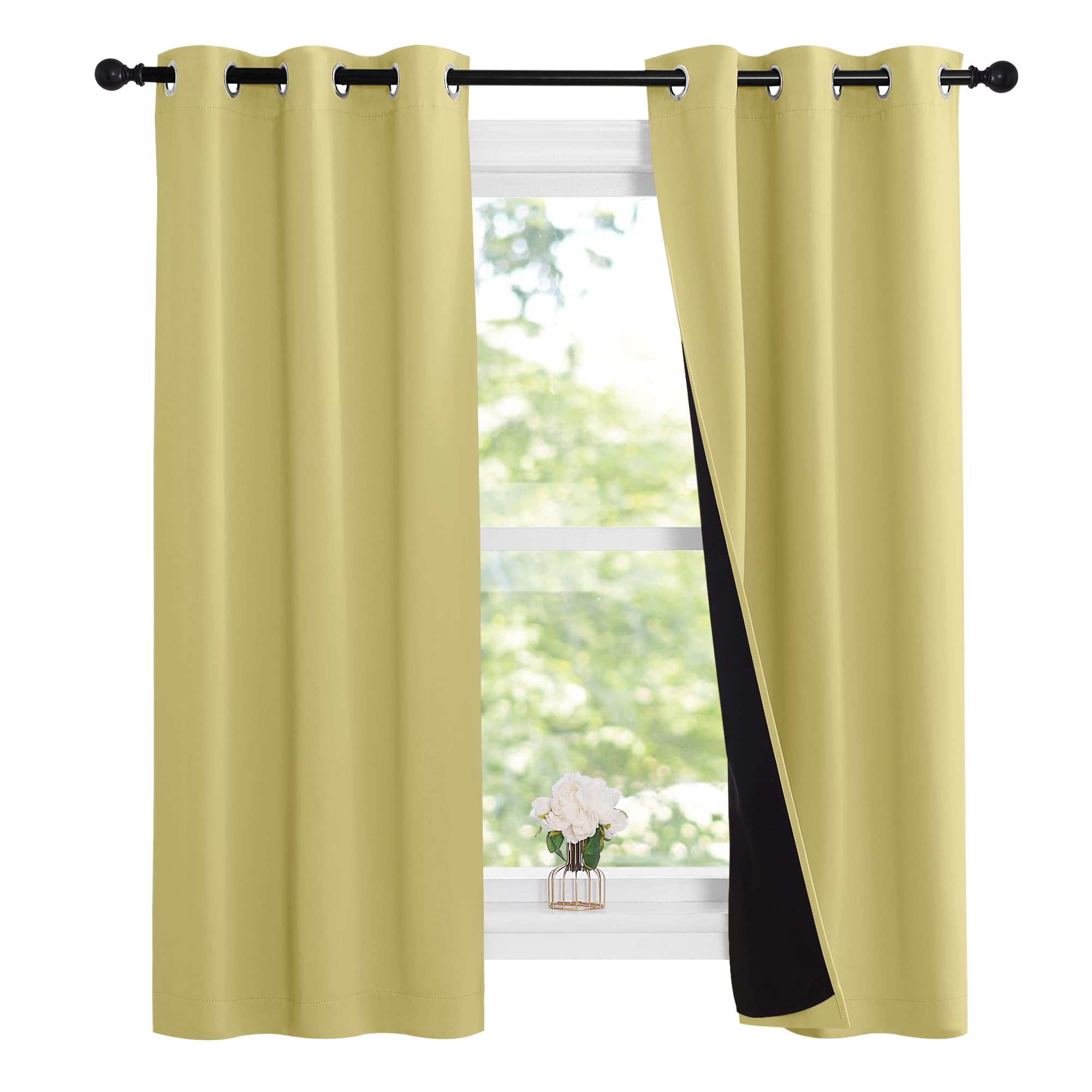 NICETOWN 100% Blackout Short Curtains with Black Liners, Solid Thermal Insulated Full Blackout 2-Layer Lined Drapes, Energy Efficiency Window Drapes for Bedroom (2 Panels, 37"W by 63"L, Paler Yellow)